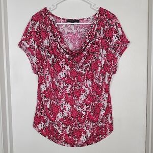 Adrienne Vittadini Womens L Cowl Neck Top Blouse Pink Floral Cap Sleeves Stretch